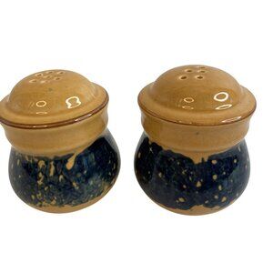 VTG 80s Pfaltzgraff Ceramic Salt & Pepper Shakers Tan & Blue Speckle 3" High